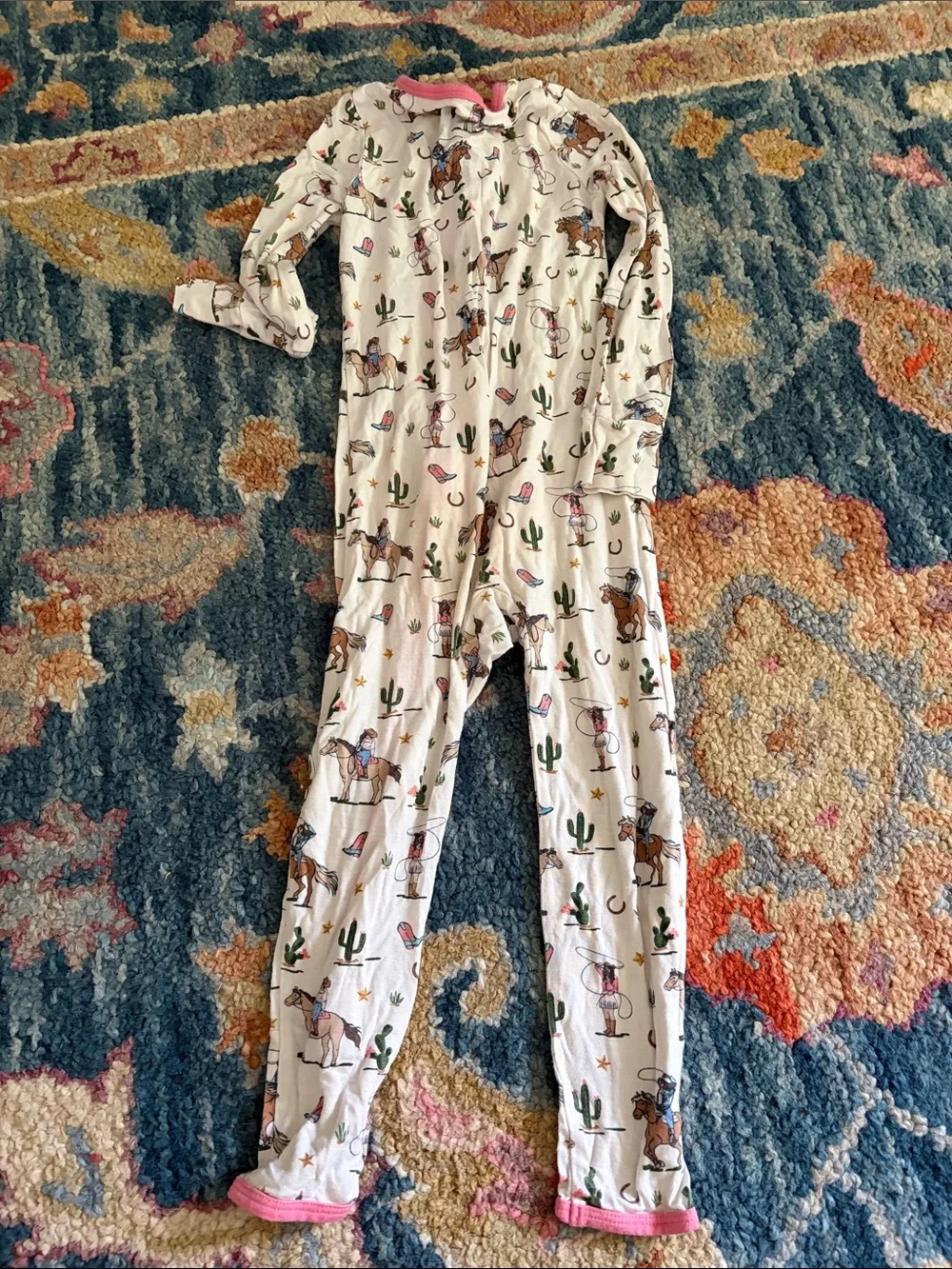 Kids White Cowboy Print Footless Pajama One-Piece with Pink Trim